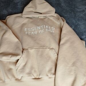 Fear of God Essentials Hoodie XXL Dusty Beige Rubberized Logo Oversized FOG